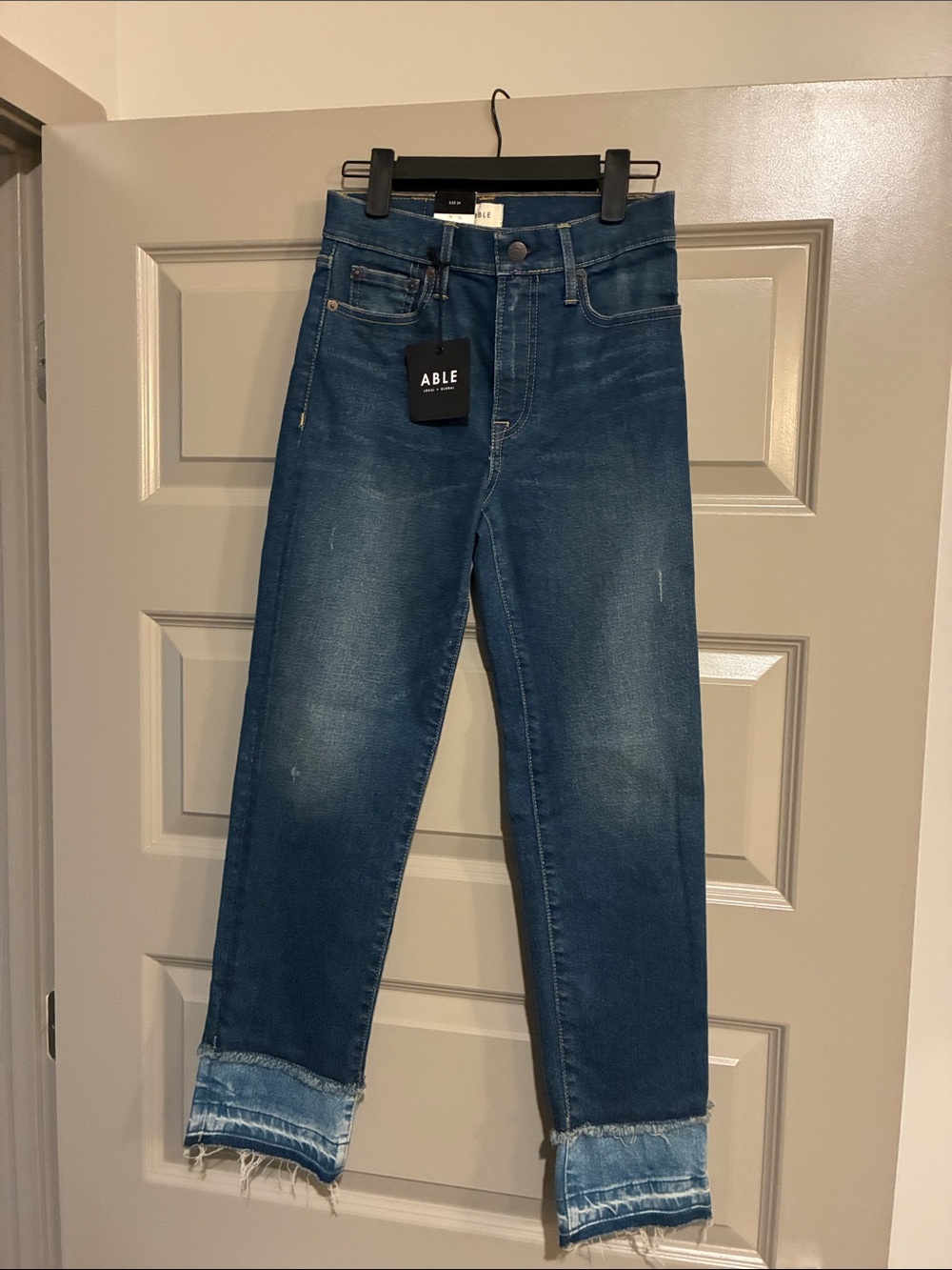 ABLE Distressed Skinny Straight Jeans with Frayed Cuffs